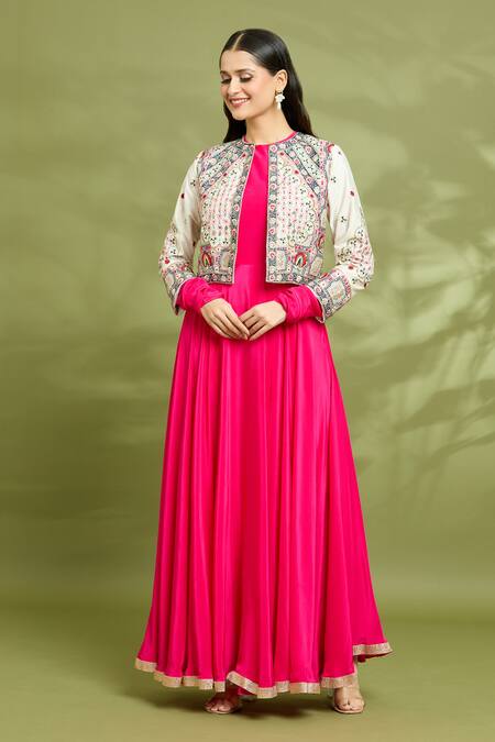 Buy_Vyasa By Urvi_Pink Crepe Hand Embroidered Floral Round Gown With Jacket _Online_at_Aza_Fashions