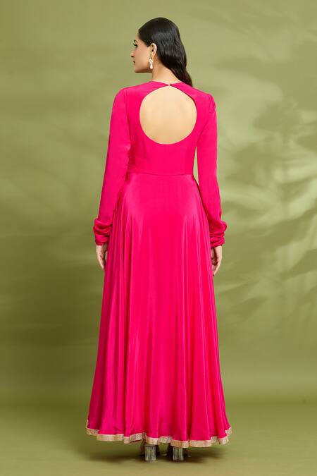 Vyasa By Urvi_Pink Crepe Hand Embroidered Floral Round Gown With Jacket _at_Aza_Fashions