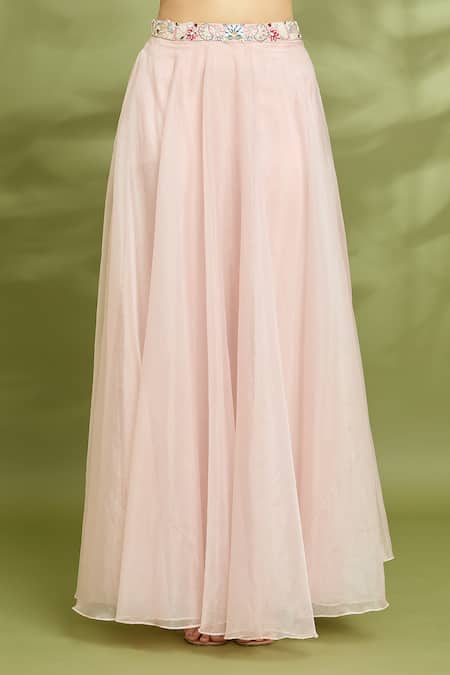 Vyasa By Urvi_Pink Organza, Crepe Embroidery Sweetheart Neck Hand Blouse And Skirt Set _Online_at_Aza_Fashions