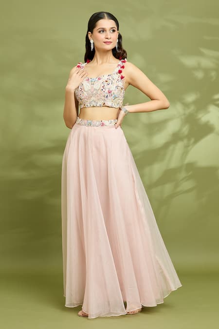 Buy_Vyasa By Urvi_Pink Organza, Crepe Embroidery Sweetheart Neck Hand Blouse And Skirt Set _Online_at_Aza_Fashions