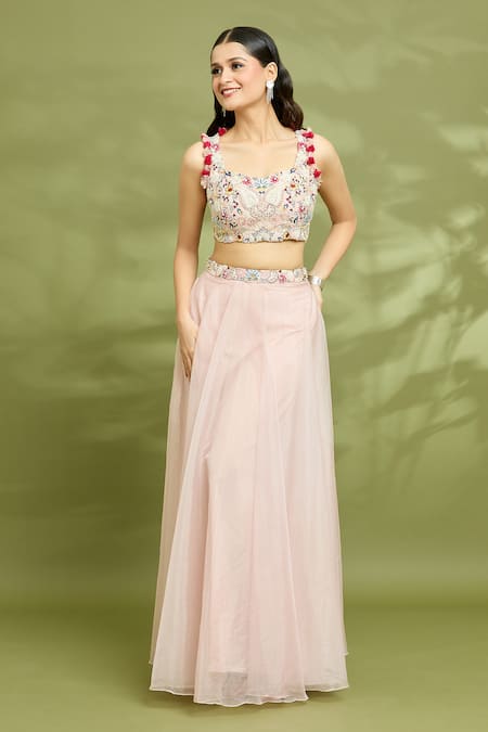Shop_Vyasa By Urvi_Pink Organza, Crepe Embroidery Sweetheart Neck Hand Blouse And Skirt Set _Online_at_Aza_Fashions