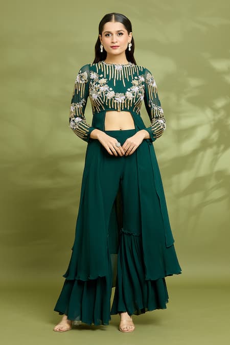 Vyasa By Urvi_Green Georgette Embroidery, Sequins, Beads Round Neck Hand Tunic And Gharara Set_Online_at_Aza_Fashions