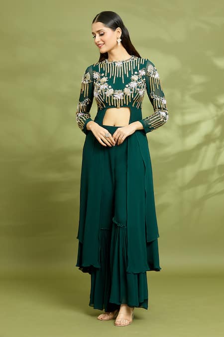 Buy_Vyasa By Urvi_Green Georgette Embroidery, Sequins, Beads Round Neck Hand Tunic And Gharara Set_Online_at_Aza_Fashions