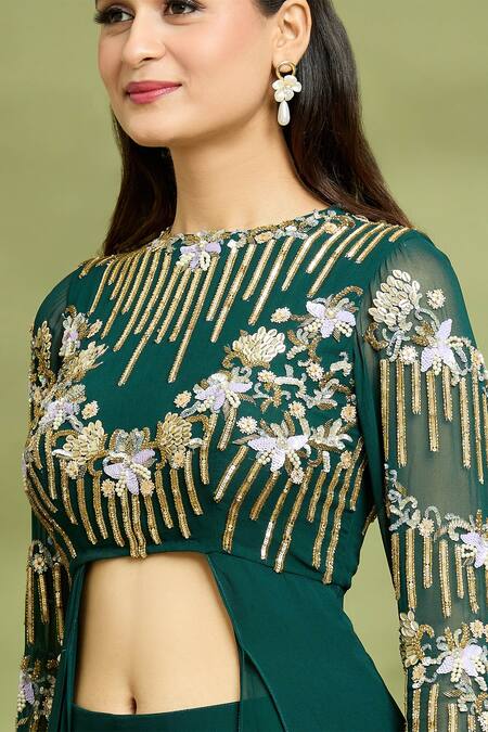 Shop_Vyasa By Urvi_Green Georgette Embroidery, Sequins, Beads Round Neck Hand Tunic And Gharara Set_Online_at_Aza_Fashions