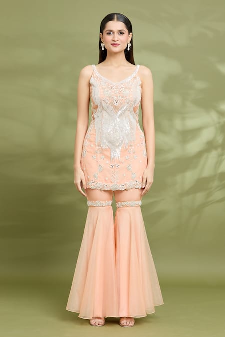Vyasa By Urvi_Peach Organza, Net Zari, Sequins V-neck Zardosi Embroidered Tunic Gharara Set _Online_at_Aza_Fashions