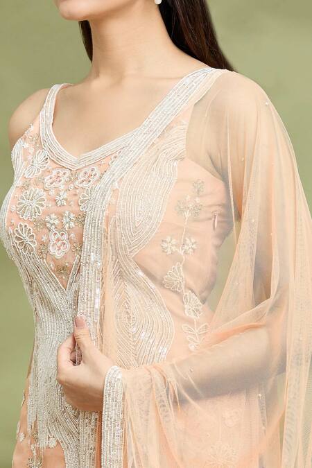 Shop_Vyasa By Urvi_Peach Organza, Net Zari, Sequins V-neck Zardosi Embroidered Tunic Gharara Set _Online_at_Aza_Fashions