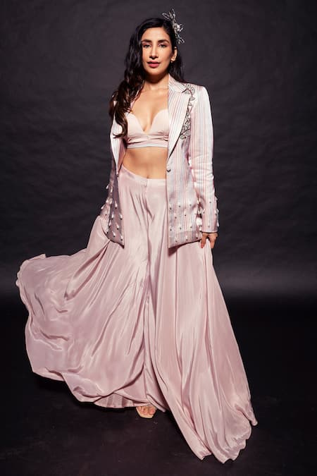 Sejal Kamdar Pink Maheshwari, Silk, Crepe Beads Ajrakh Embroidered Jacket And Flared Pant Set Online at Aza Fashions Sejal Kamdar_Pink Maheshwari, Silk, Crepe Beads Ajrakh Embroidered Jacket And Flared Pant Set _Online_at_Aza_Fashions