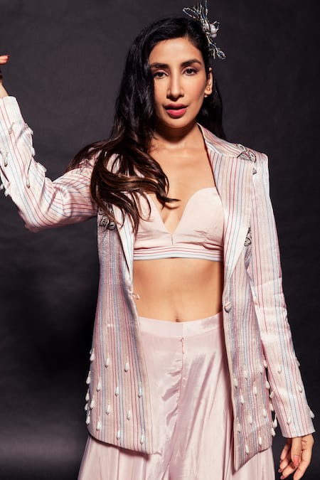 Buy Sejal Kamdar Pink Maheshwari, Silk, Crepe Beads Ajrakh Embroidered Jacket And Flared Pant Set Online at Aza Fashions Buy_Sejal Kamdar_Pink Maheshwari, Silk, Crepe Beads Ajrakh Embroidered Jacket And Flared Pant Set _Online_at_Aza_Fashions