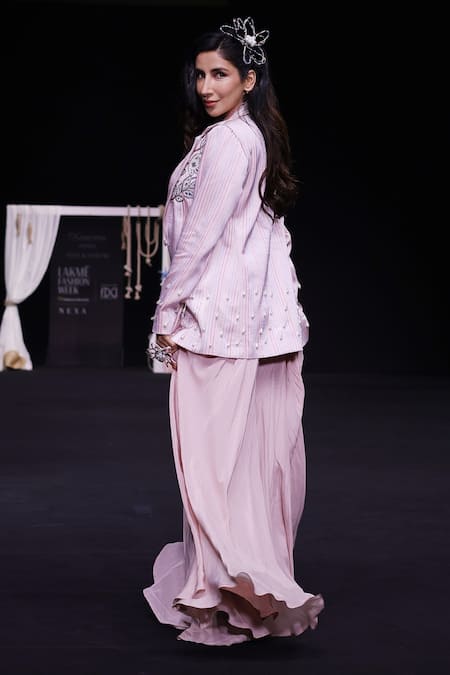 Shop_Sejal Kamdar_Pink Maheshwari, Silk, Crepe Beads Ajrakh Embroidered Jacket And Flared Pant Set _at_Aza_Fashions