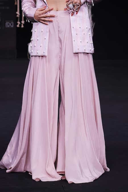 Shop Sejal Kamdar Pink Maheshwari, Silk, Crepe Beads Ajrakh Embroidered Jacket And Flared Pant Set Online at Aza Fashions Shop_Sejal Kamdar_Pink Maheshwari, Silk, Crepe Beads Ajrakh Embroidered Jacket And Flared Pant Set _Online_at_Aza_Fashions