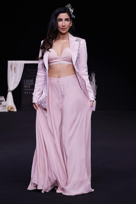 Sejal Kamdar_Pink Maheshwari, Silk, Crepe Beads Ajrakh Embroidered Jacket And Flared Pant Set _at_Aza_Fashions