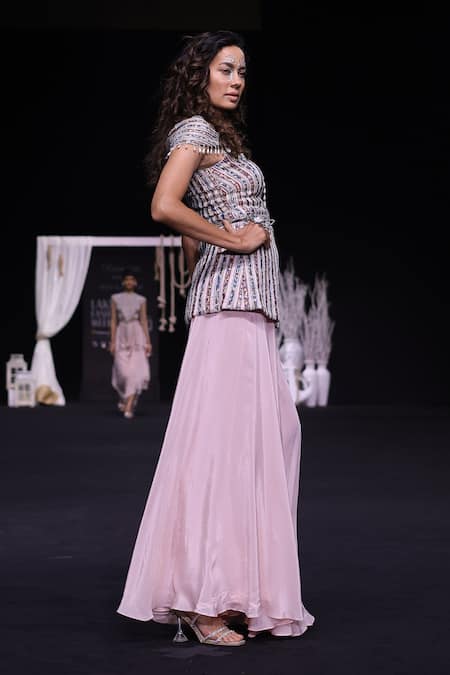 Shop_Sejal Kamdar_Pink Silk, Crepe Beads, Cut Work Ajrakh Striped Peplum Top And Flared Pant Set _at_Aza_Fashions