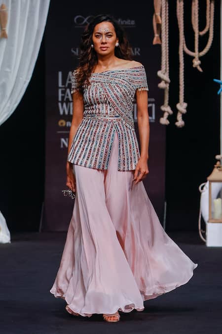 Shop_Sejal Kamdar_Pink Silk, Crepe Beads, Cut Work Ajrakh Striped Peplum Top And Flared Pant Set _Online_at_Aza_Fashions