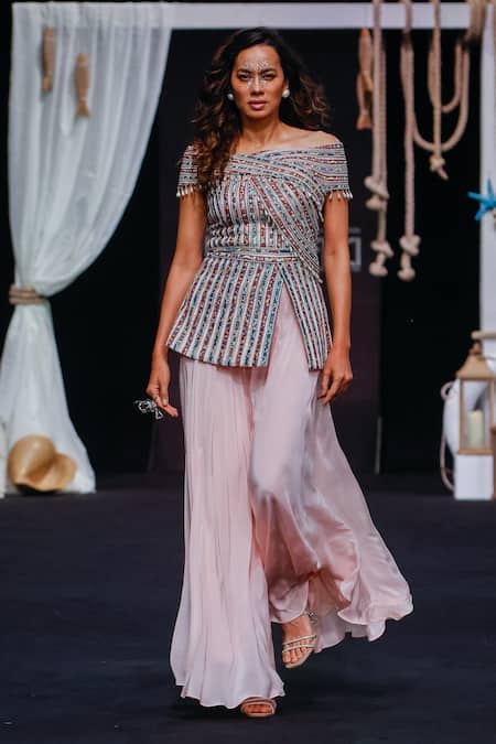 Sejal Kamdar_Pink Silk, Crepe Beads, Cut Work Ajrakh Striped Peplum Top And Flared Pant Set _at_Aza_Fashions