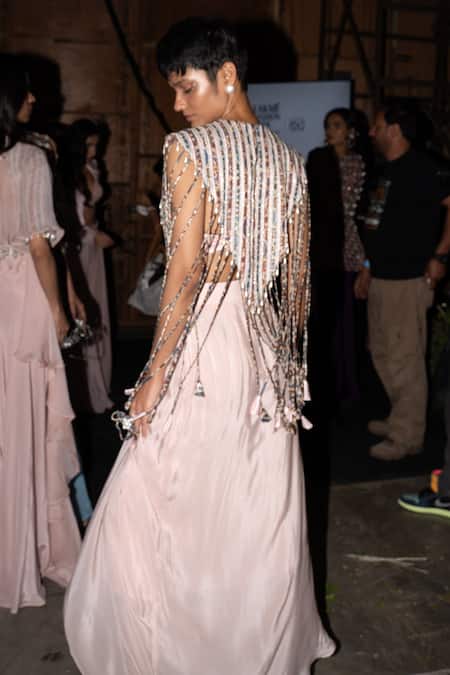 Shop Sejal Kamdar Pink Ajrakh Striped Capelet Jacket And Dhoti Skirt Set at Aza Fashions Shop_Sejal Kamdar_Pink Ajrakh Striped Capelet Jacket And Dhoti Skirt Set _at_Aza_Fashions