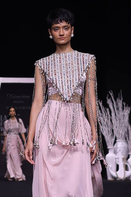 Sejal Kamdar Pink Ajrakh Striped Capelet Jacket And Dhoti Skirt Set Online at Aza Fashions Sejal Kamdar_Pink Ajrakh Striped Capelet Jacket And Dhoti Skirt Set _Online_at_Aza_Fashions