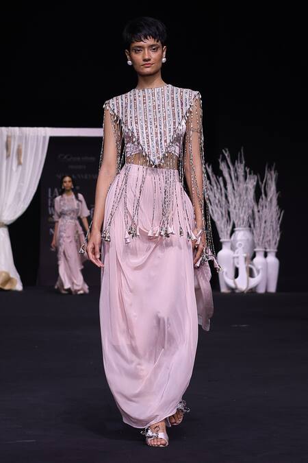 Buy Sejal Kamdar Pink Ajrakh Striped Capelet Jacket And Dhoti Skirt Set Online at Aza Fashions Buy_Sejal Kamdar_Pink Ajrakh Striped Capelet Jacket And Dhoti Skirt Set _Online_at_Aza_Fashions