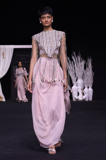 Shop_Sejal Kamdar_Pink Ajrakh Striped Capelet Jacket And Dhoti Skirt Set _Online_at_Aza_Fashions