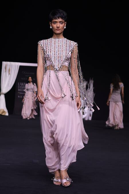 Buy Sejal Kamdar Pink Ajrakh Striped Capelet Jacket And Dhoti Skirt Set Buy_Sejal Kamdar_Pink Ajrakh Striped Capelet Jacket And Dhoti Skirt Set