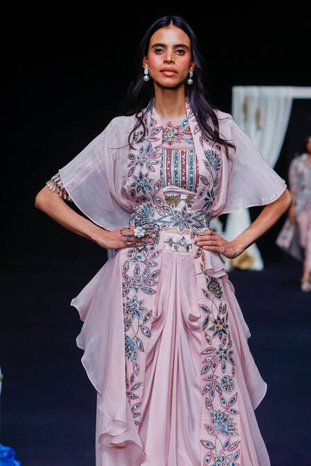 Sejal Kamdar_Pink Ajrakh Striped Embroidered Dhoti Set _at_Aza_Fashions