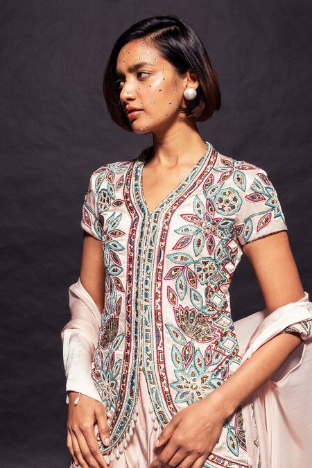 Sejal Kamdar Pink Organza, Maheshwari, Crepe, Silk, Ajrakh Embroidered Jacket Dhoti Set Online at Aza Fashions Sejal Kamdar_Pink Organza, Maheshwari, Crepe, Silk, Ajrakh Embroidered Jacket Dhoti Set _Online_at_Aza_Fashions