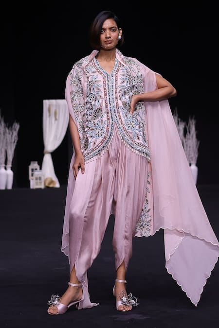 Sejal Kamdar Pink Mashru Silk Embroidered Bead Ajrakh Floral Jacket Dhoti Pant Set 