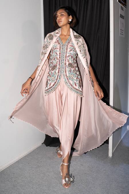 Shop Sejal Kamdar Pink Organza, Maheshwari, Crepe, Silk, Ajrakh Embroidered Jacket Dhoti Set Online at Aza Fashions Shop_Sejal Kamdar_Pink Organza, Maheshwari, Crepe, Silk, Ajrakh Embroidered Jacket Dhoti Set _Online_at_Aza_Fashions