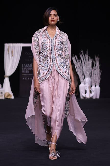 Buy_Sejal Kamdar_Pink Organza, Maheshwari, Crepe, Silk, Ajrakh Embroidered Jacket Dhoti Set 