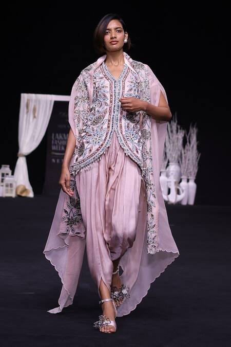 Shop_Sejal Kamdar_Pink Organza, Maheshwari, Crepe, Silk, Ajrakh Embroidered Jacket Dhoti Set 