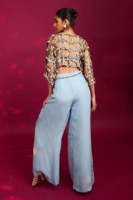 Shop Sejal Kamdar Blue Mashru Silk Embellished Bead Bralette Cutwork Top And Flared Pant Set at Aza Fashions Shop_Sejal Kamdar_Blue Mashru Silk Embellished Bead Bralette Cutwork Top And Flared Pant Set _at_Aza_Fashions