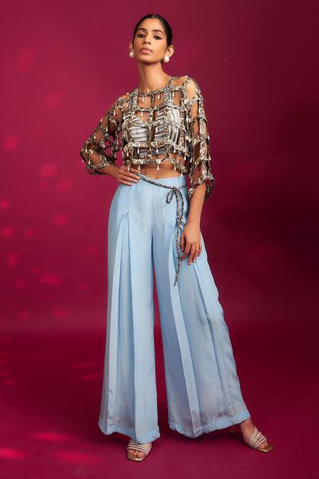 Buy Sejal Kamdar Blue Mashru Silk Embellished Bead Bralette Cutwork Top And Flared Pant Set Online at Aza Fashions Buy_Sejal Kamdar_Blue Mashru Silk Embellished Bead Bralette Cutwork Top And Flared Pant Set _Online_at_Aza_Fashions