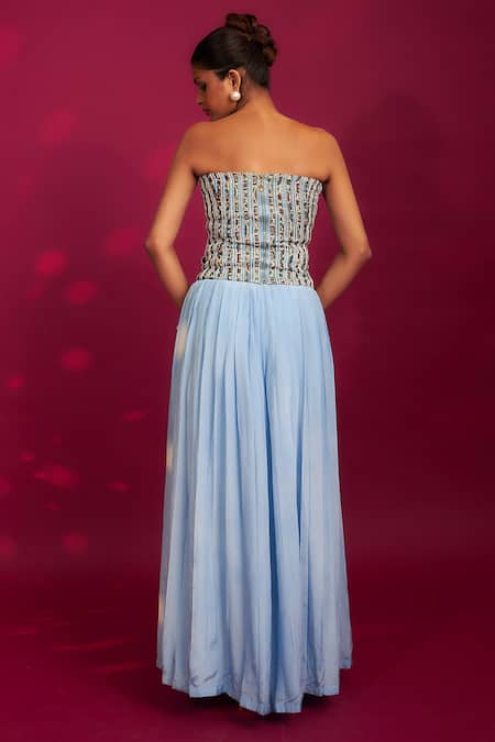 Shop Sejal Kamdar Blue Mashru Silk Embellished Stripe Sweetheart Ajrakh Corset And Pleated Pant Set at Aza Fashions Shop_Sejal Kamdar_Blue Mashru Silk Embellished Stripe Sweetheart Ajrakh Corset And Pleated Pant Set _at_Aza_Fashions
