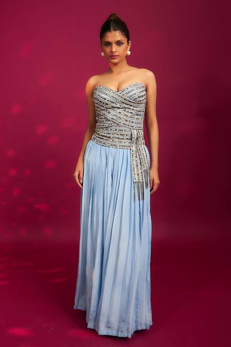 Sejal Kamdar Blue Mashru Silk Embellished Stripe Sweetheart Ajrakh Corset And Pleated Pant Set Online at Aza Fashions Sejal Kamdar_Blue Mashru Silk Embellished Stripe Sweetheart Ajrakh Corset And Pleated Pant Set _Online_at_Aza_Fashions