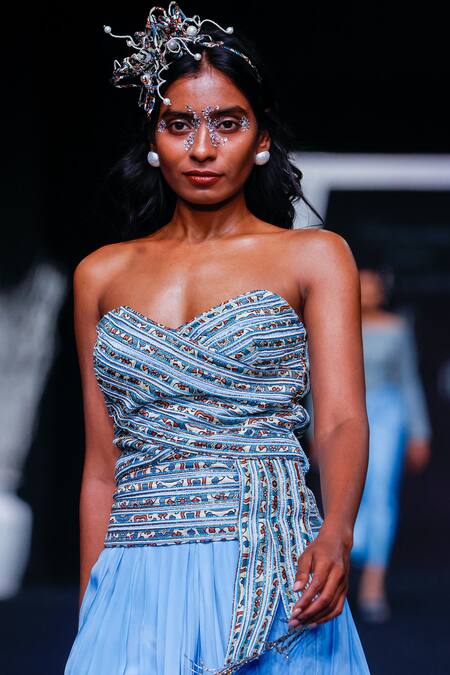 Shop_Sejal Kamdar_Blue Mashru Silk Embellished Stripe Sweetheart Ajrakh Corset And Pleated Pant Set _Online_at_Aza_Fashions