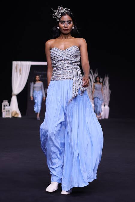 Sejal Kamdar_Blue Mashru Silk Embellished Stripe Sweetheart Ajrakh Corset And Pleated Pant Set _at_Aza_Fashions