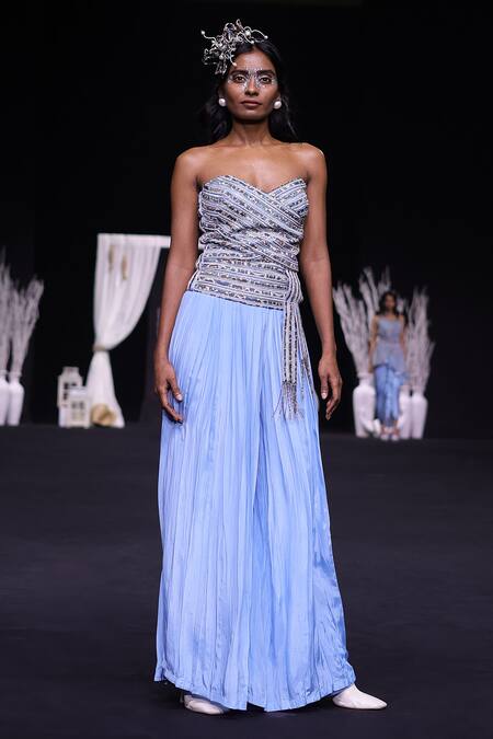 Buy_Sejal Kamdar_Blue Mashru Silk Embellished Stripe Sweetheart Ajrakh Corset And Pleated Pant Set 