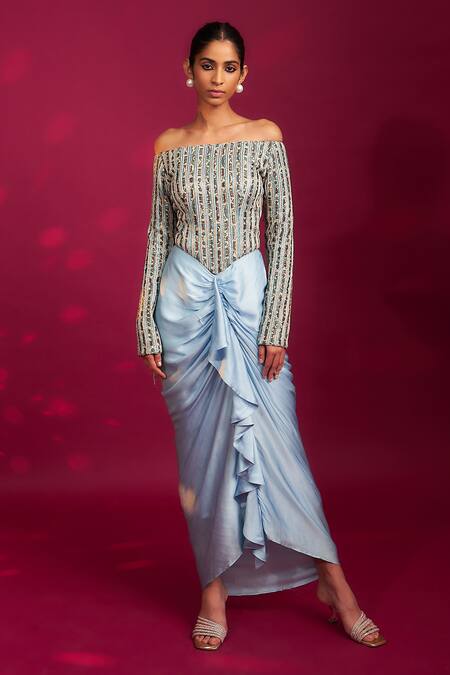 Sejal Kamdar Blue Satin, Silk Cut Work, Beads Off-shoulder Ajrakh Striped Draped Dress Online at Aza Fashions Sejal Kamdar_Blue Satin, Silk Cut Work, Beads Off-shoulder Ajrakh Striped Draped Dress _Online_at_Aza_Fashions
