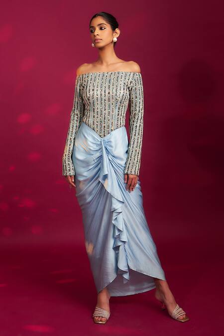 Buy Sejal Kamdar Blue Satin, Silk Cut Work, Beads Off-shoulder Ajrakh Striped Draped Dress Online at Aza Fashions Buy_Sejal Kamdar_Blue Satin, Silk Cut Work, Beads Off-shoulder Ajrakh Striped Draped Dress _Online_at_Aza_Fashions