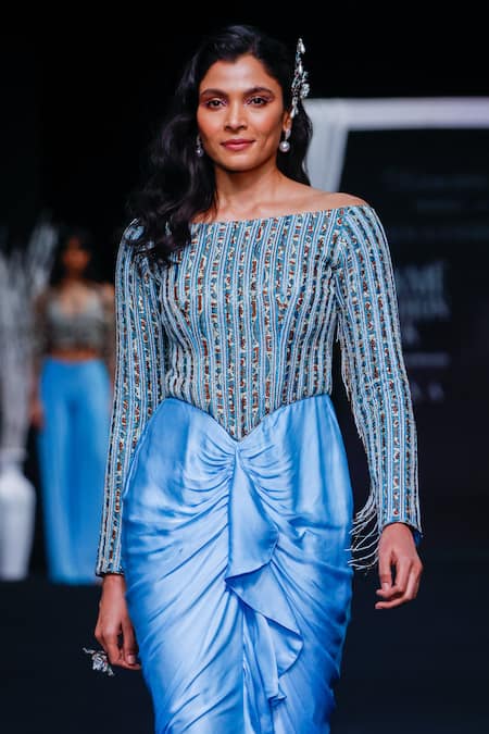 Shop_Sejal Kamdar_Blue Satin, Silk Cut Work, Beads Off-shoulder Ajrakh Striped Draped Dress _Online_at_Aza_Fashions