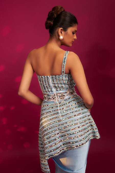 Sejal Kamdar Ajrakh Embellished Peplum Top & Dhoti Skirt Set 