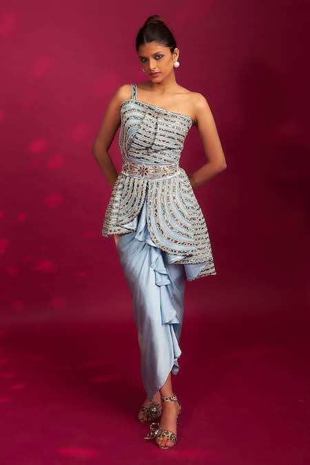 Buy Sejal Kamdar Blue Silk, Crepe, Maheshwari Ajrakh Embellished Peplum Top And Dhoti Skirt Set Online at Aza Fashions Buy_Sejal Kamdar_Blue Silk, Crepe, Maheshwari Ajrakh Embellished Peplum Top And Dhoti Skirt Set _Online_at_Aza_Fashions