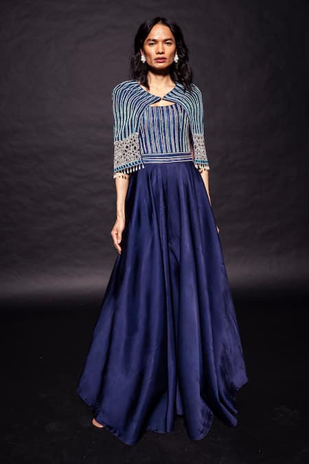 Sejal Kamdar_Blue German Satin Embellished Ajrakh Cape Leaf Jumpsuit With Capelet Jacket _Online_at_Aza_Fashions