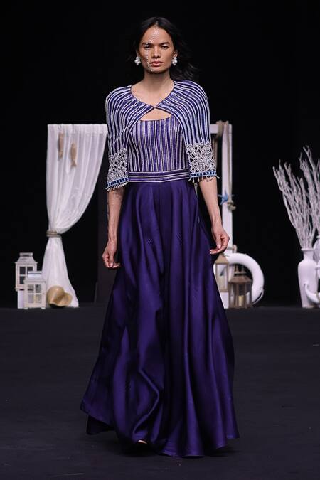 Sejal Kamdar_Blue German Satin Embellished Ajrakh Cape Leaf Jumpsuit With Capelet Jacket _at_Aza_Fashions