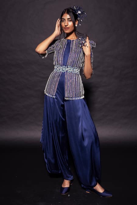 Sejal Kamdar_Blue German Satin Embellished Ajrakh Jumpsuit Cowl With Embroidered Jacket _Online_at_Aza_Fashions