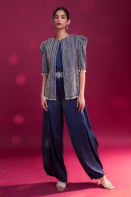 Shop_Sejal Kamdar_Blue German Satin Embellished Ajrakh Jumpsuit Cowl With Embroidered Jacket _Online_at_Aza_Fashions