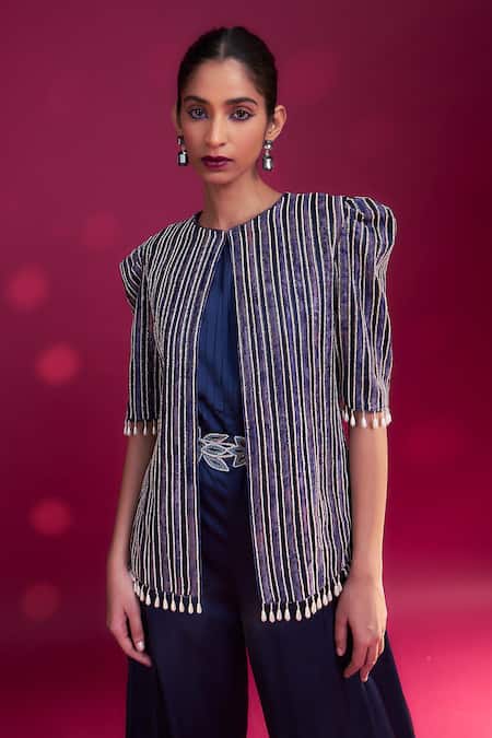 Sejal Kamdar_Blue German Satin Embellished Ajrakh Jumpsuit Cowl With Embroidered Jacket _at_Aza_Fashions