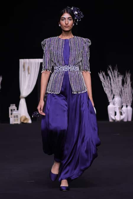 Buy_Sejal Kamdar_Blue German Satin Embellished Ajrakh Jumpsuit Cowl With Embroidered Jacket 