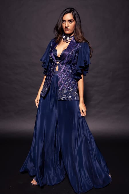Sejal Kamdar_Blue Maheshwari, Silk, Crepe Ajrakh Embellished Jacket And Flared Pant Set _Online_at_Aza_Fashions
