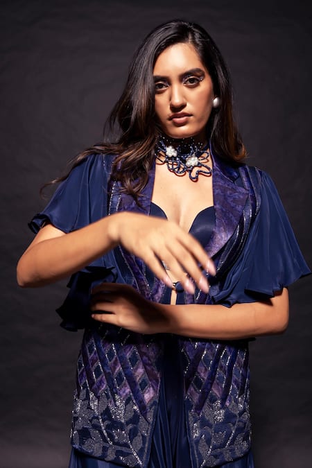 Shop_Sejal Kamdar_Blue Maheshwari, Silk, Crepe Ajrakh Embellished Jacket And Flared Pant Set _Online_at_Aza_Fashions