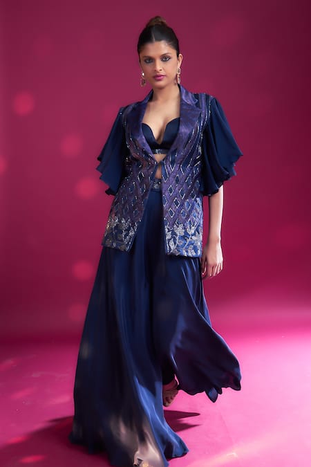 Sejal Kamdar_Blue Maheshwari, Silk, Crepe Ajrakh Embellished Jacket And Flared Pant Set _at_Aza_Fashions